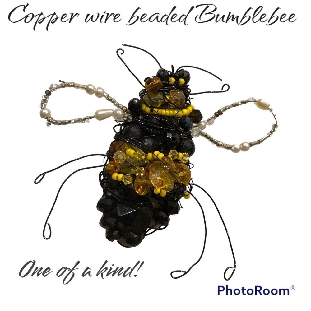 Handmade coated copper wire, glass, acrylic and crystal beaded bumblebee